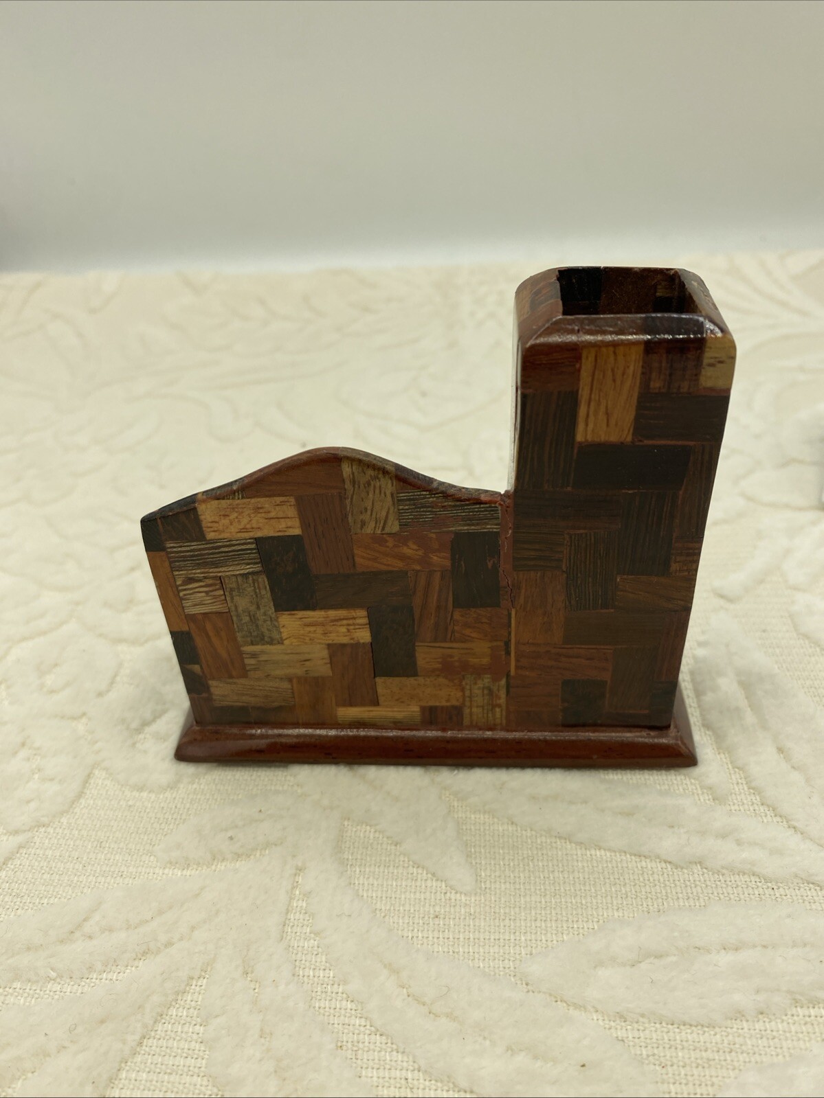 Handmade Laquered Wood Business Card & Pencil Holder With Inlaid Shell Design
