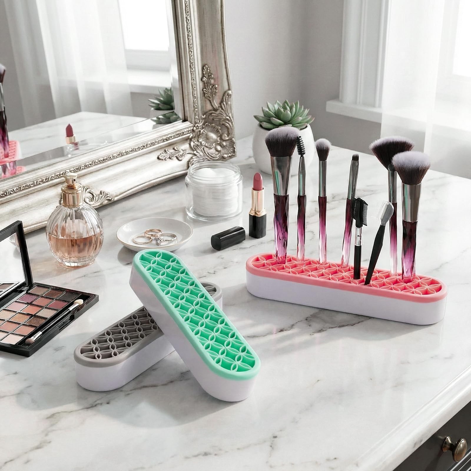 Elsjoy 3 Pack Silicone Makeup Brush Holder, Desktop Pink, Gray, Green