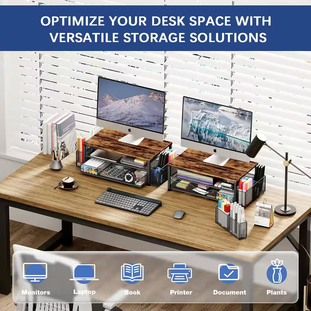 Brown 15.5 In. X 6.3 In. Metal Modern Desk Organizers with Drawer and 2 Pen Hold