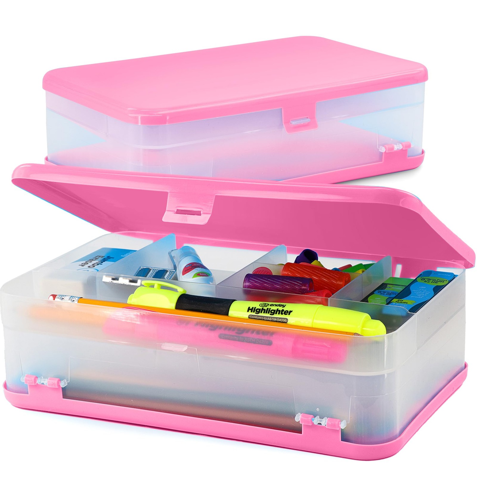Large Plastic Pencil Box Double Layer Storage Case 12 Compartments Pink
