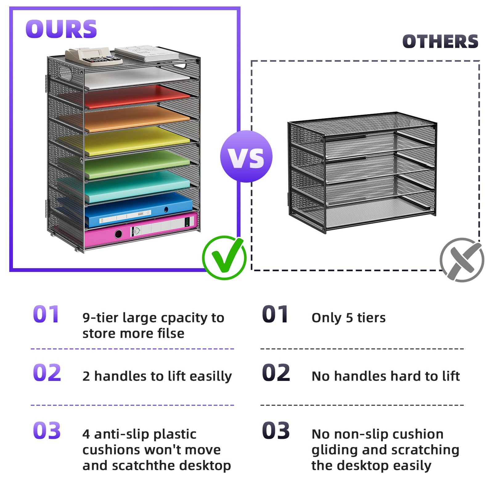 Marbrasse Paper Organizer Letter Tray, 9 Tier Mesh File Organizer with Handle…