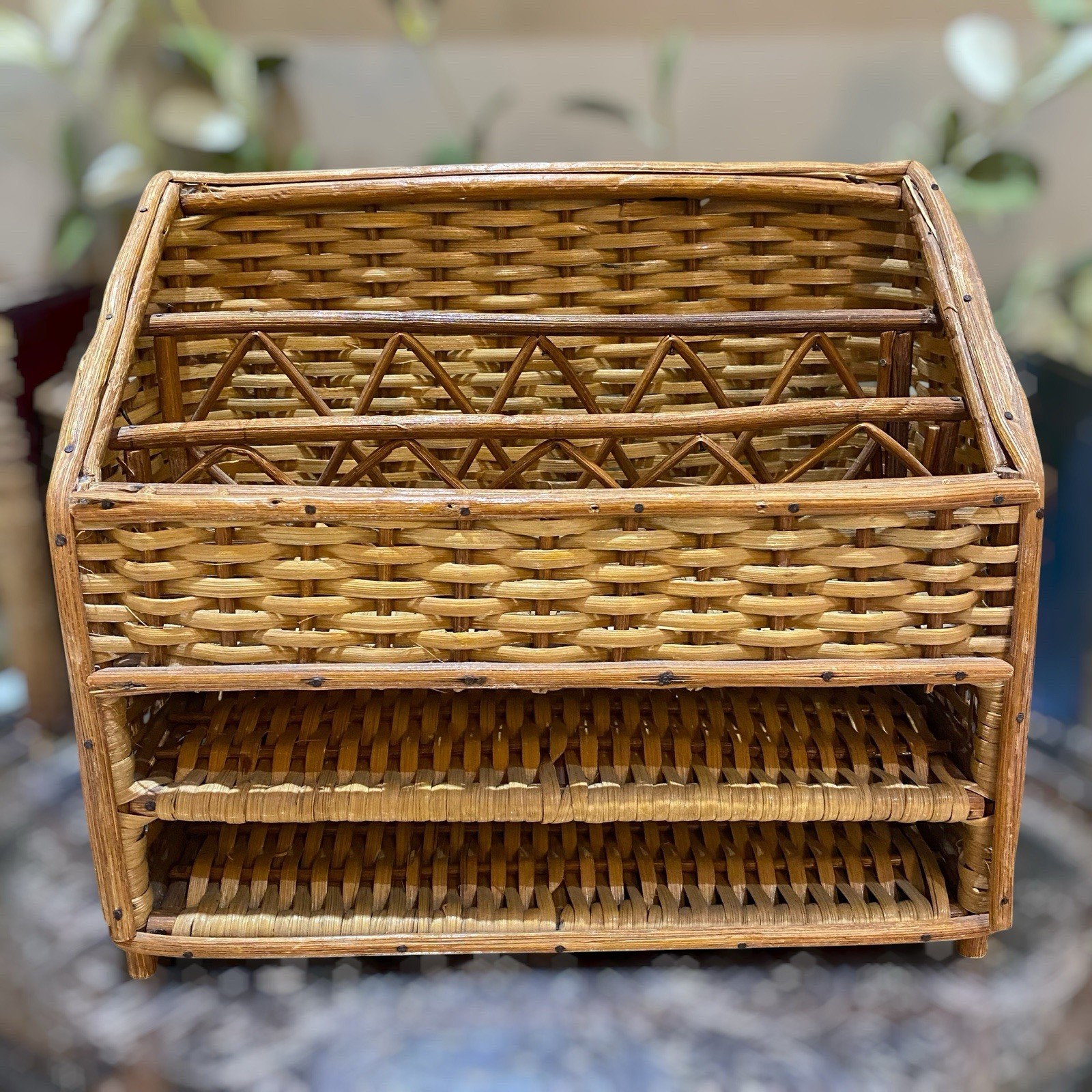 Vintage Woven Wicker Mail Letter Desk Organizer Footed Stand