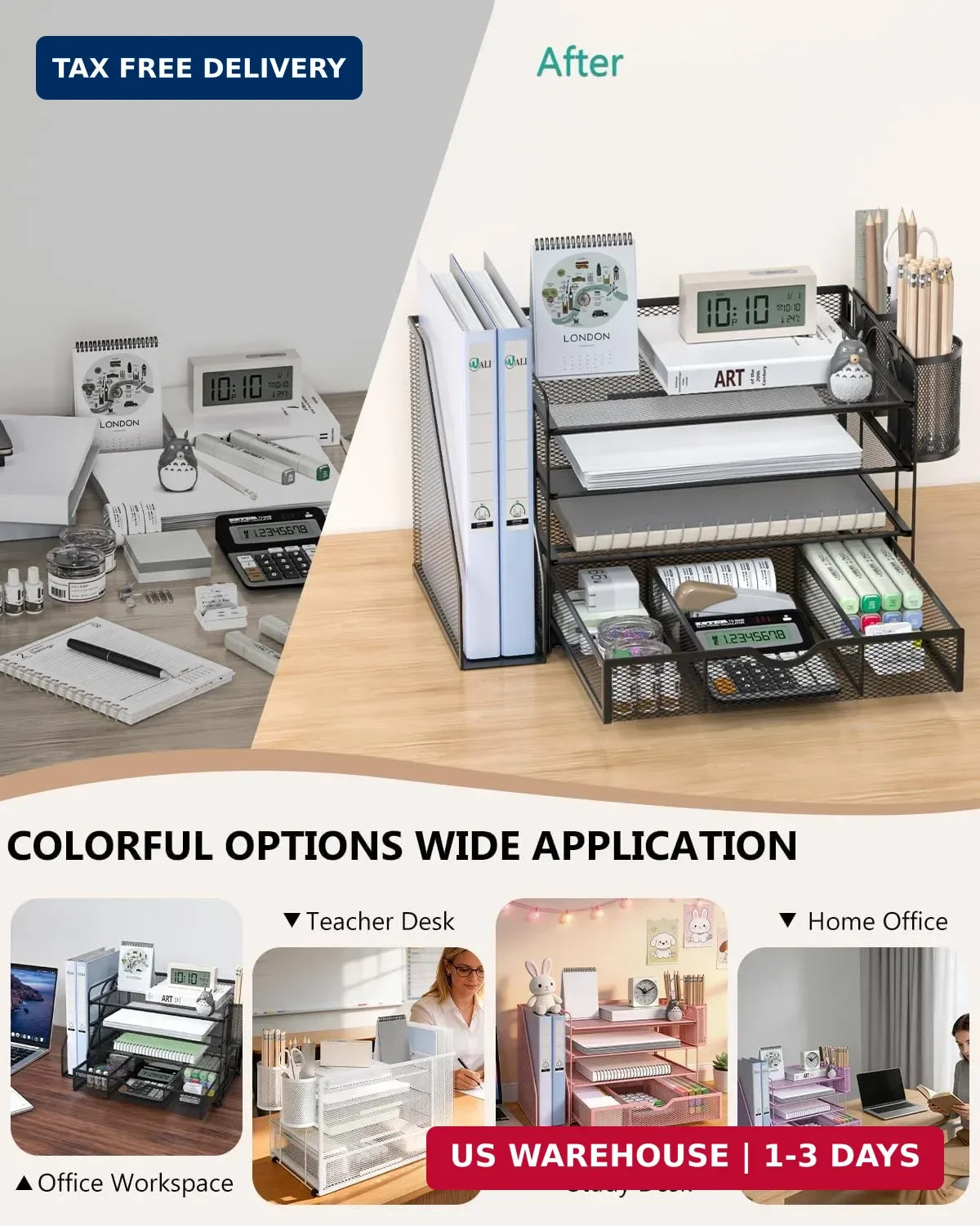 WALI Desk File Organizer, 4 Tier Desktop Paper Letter Tray Organizer with Drawer