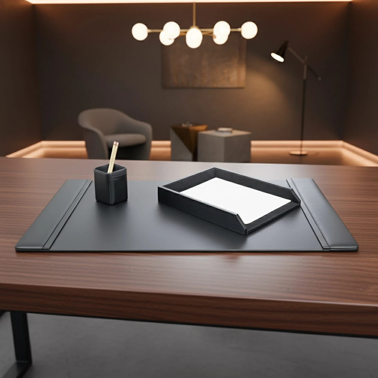 Dacasso Black Leather 3-Piece Desk Set, 3-PCs, 34″ x 20″ / NEW