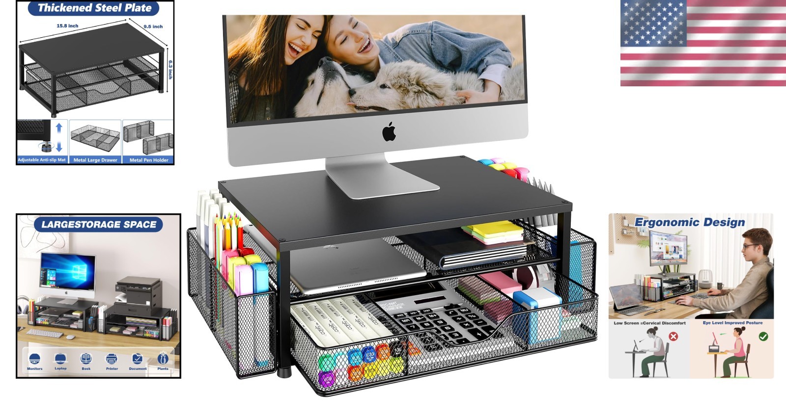 Space-Saving Ergonomic Monitor Stand with Adjustable Drawer & 2 Pen Holders