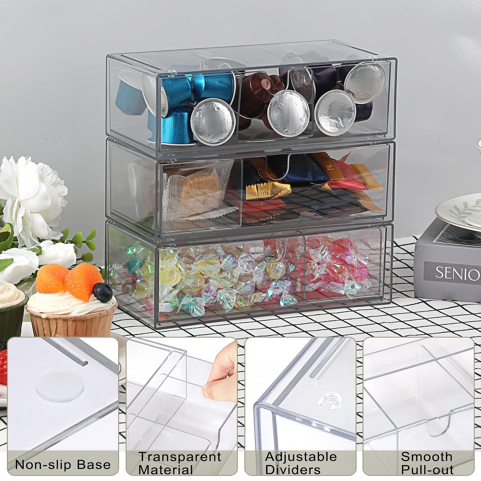3 PCS Clear Acrylic Stackable Pencil Drawer Removable Divider Organizer