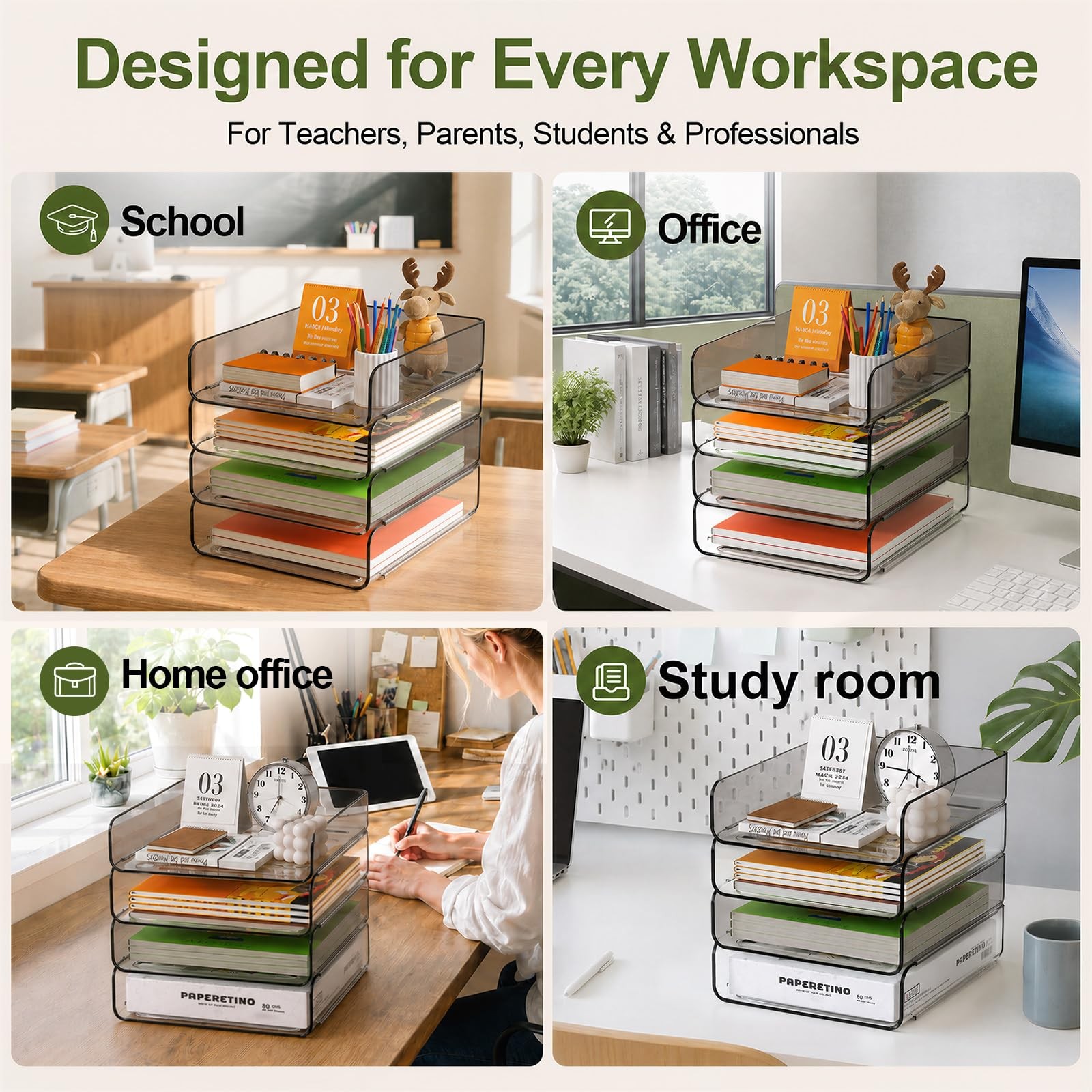 FANXIYQ 4-Tier Acrylic Paper Tray Organizer, Clear & Brown Stackable Desk Org…