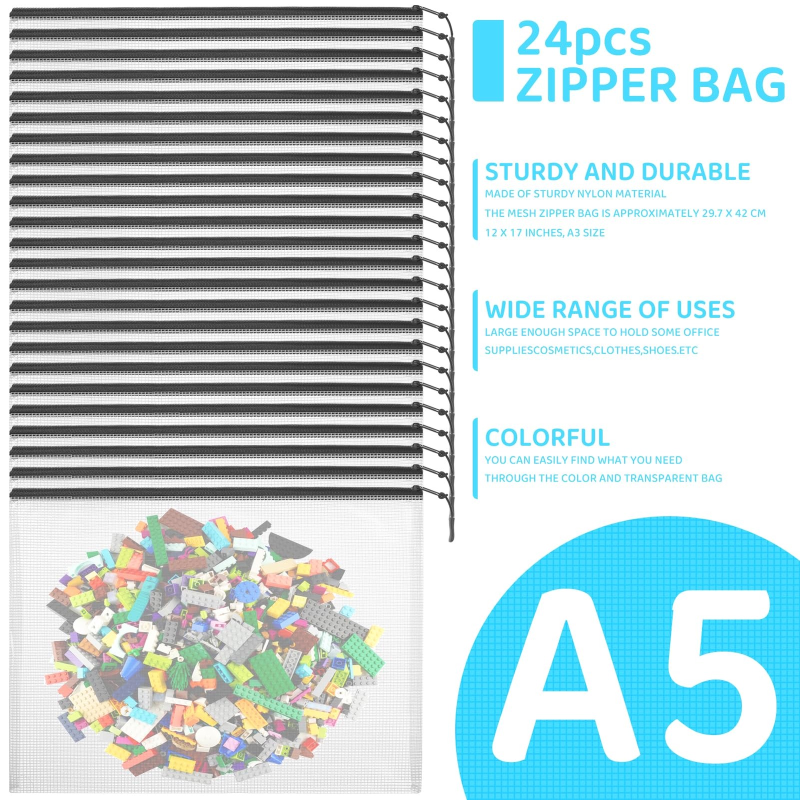 24pcs Mesh Zipper Pouch Bags, A5 9.4 x 6.9 Inches Reusable Zipper Bags Puzzle…