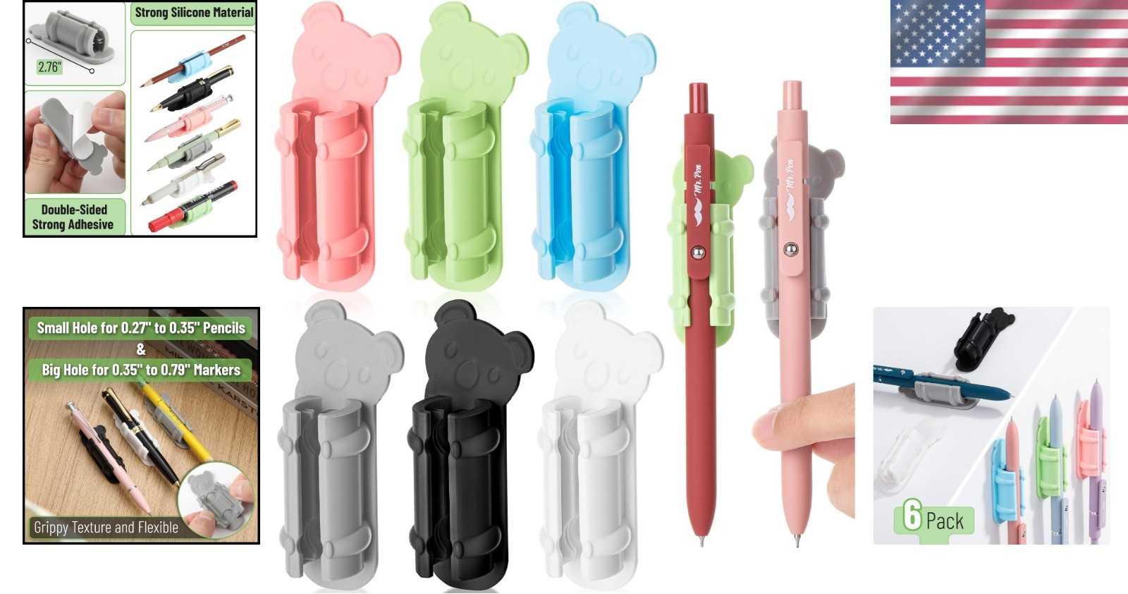Set of 6 Koala Shaped Adhesive Pen Holders | Colorful Silicone Desk Organizers