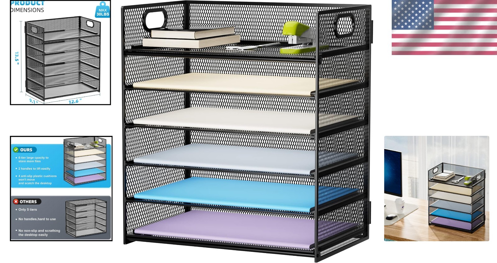 6-Tier Black Mesh Paper Organizer with Portable Handle – Perfect for Office