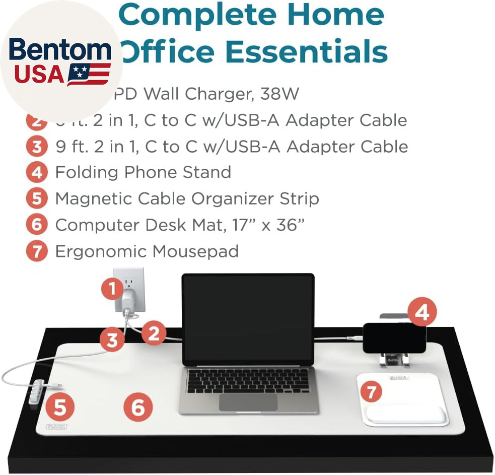 BLACK+DECKER Home Office Kit, 7 PCS Set, Desk Pad, 2-Port PD Charger, Ergonomic