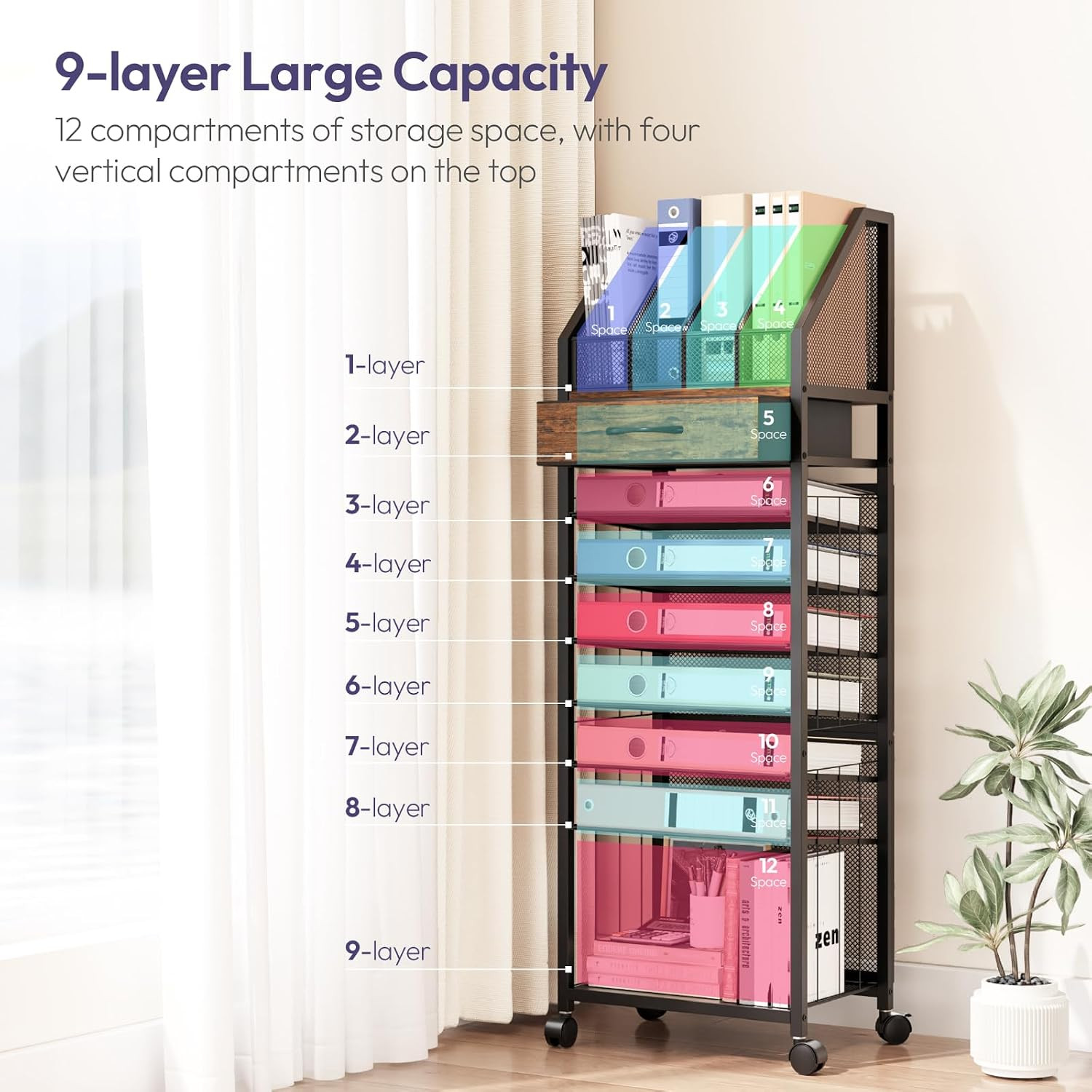 9-Tier Rolling File Cart – Paper Organizer with Drawer and Trays, Wood Desk Offi