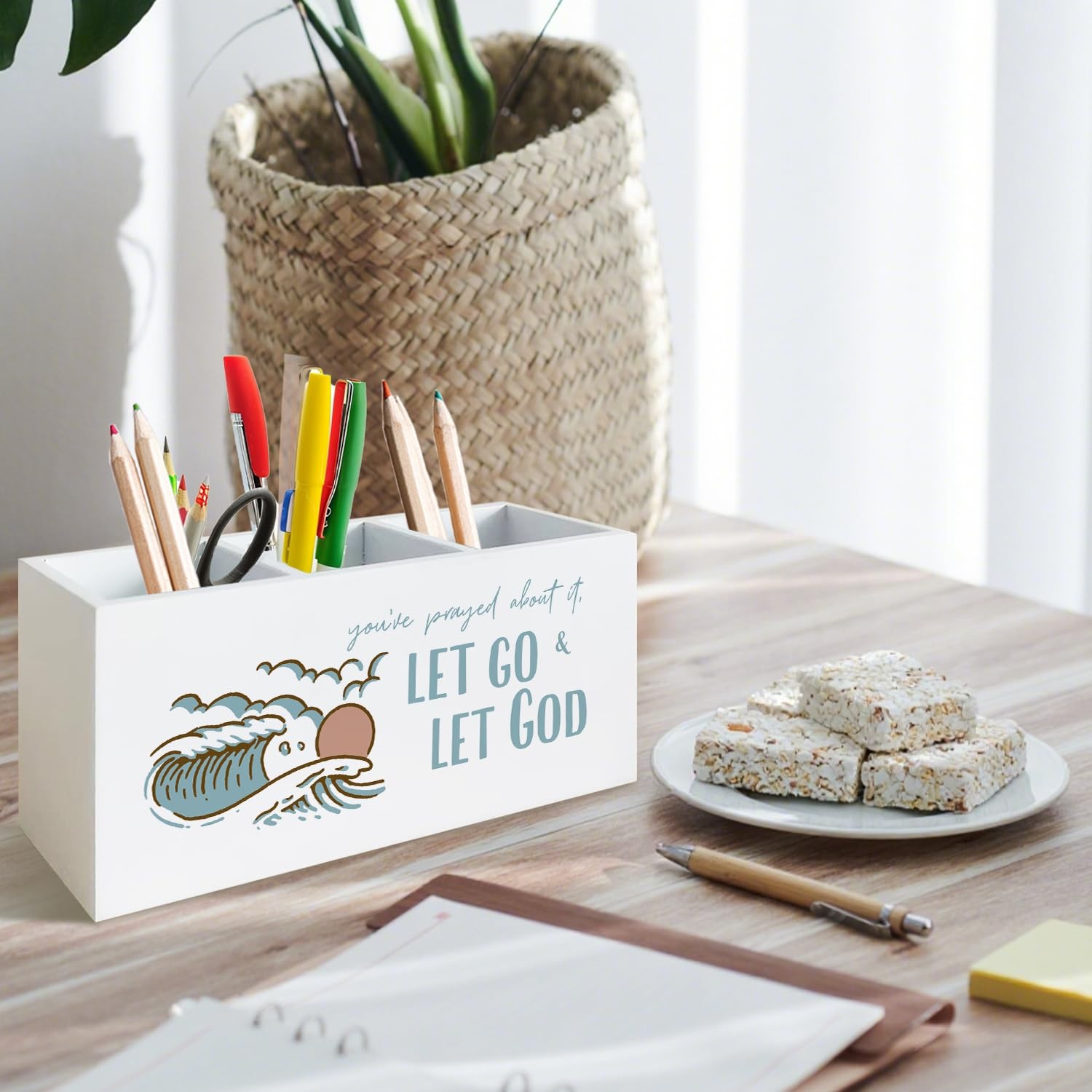 Boho Coastal Beach Christian Pen Holder for Desk, Bible Verse Wooden Sign Des…