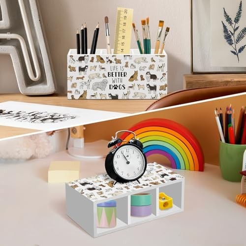Wood Pencil Holder Desk Organizer 3 Compartments Dog Design 7.9×3.5×2.5 Inch