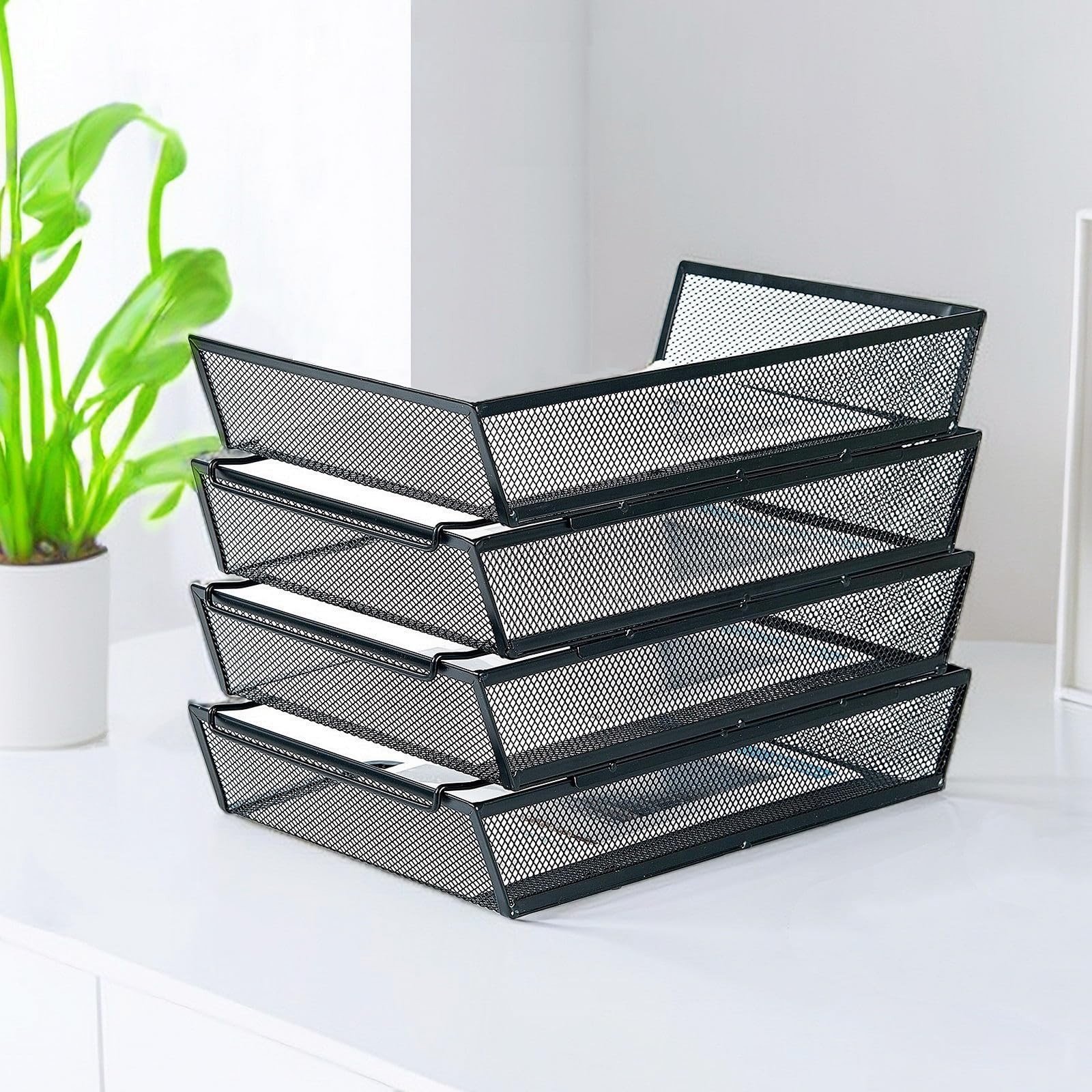 4 Tier Metal Mesh Desk Organizer-Stackable Paper Tray for Home, Office,School…