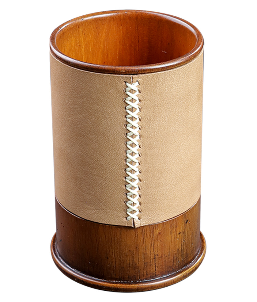 Desktop Pen Stand Tan Leather Wood Holder 4.2″ Pencil Cup Office Desk Organizer