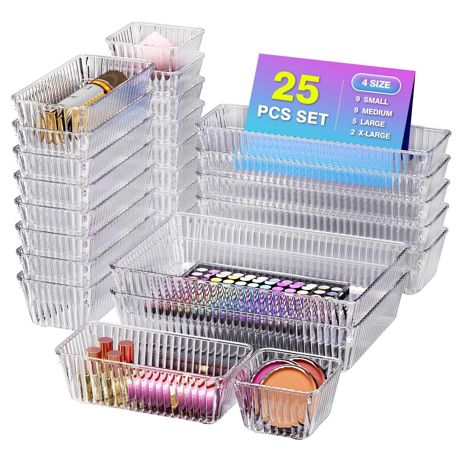 25 PCS Clear Plastic Drawer Organizer Set – 4 Sizes Makeup Organizer Desk Dra…