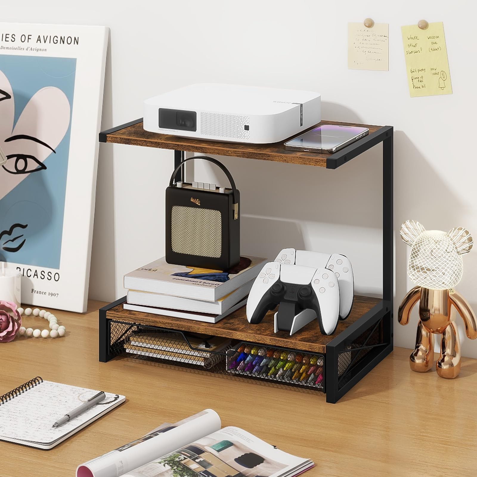 ELITEROO 2-Tier Desktop Printer Stand with Storage Rustic Brown Drawer