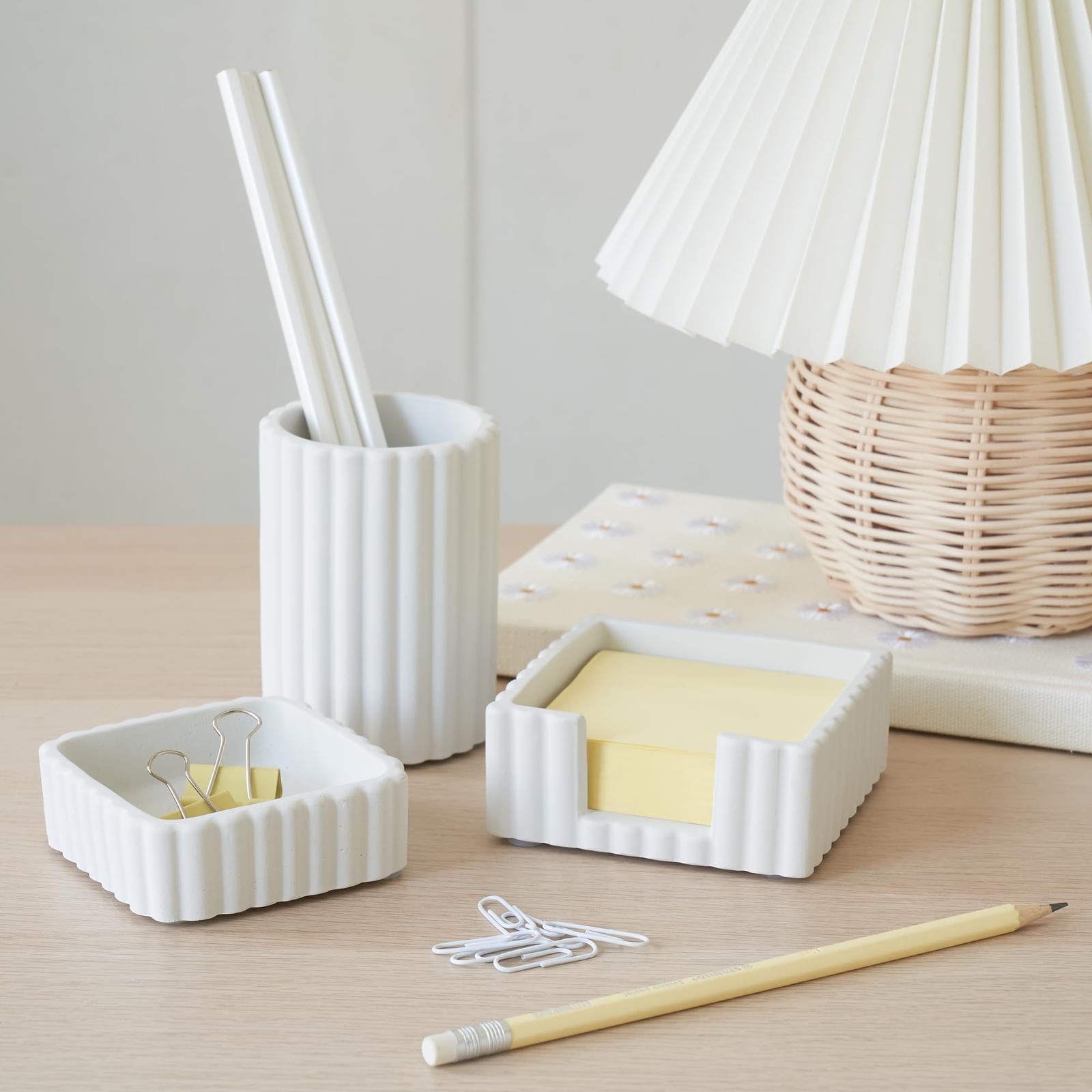Modern Desk Accessories Set, 3 Pc Concrete Organizer, Pen Holder, White