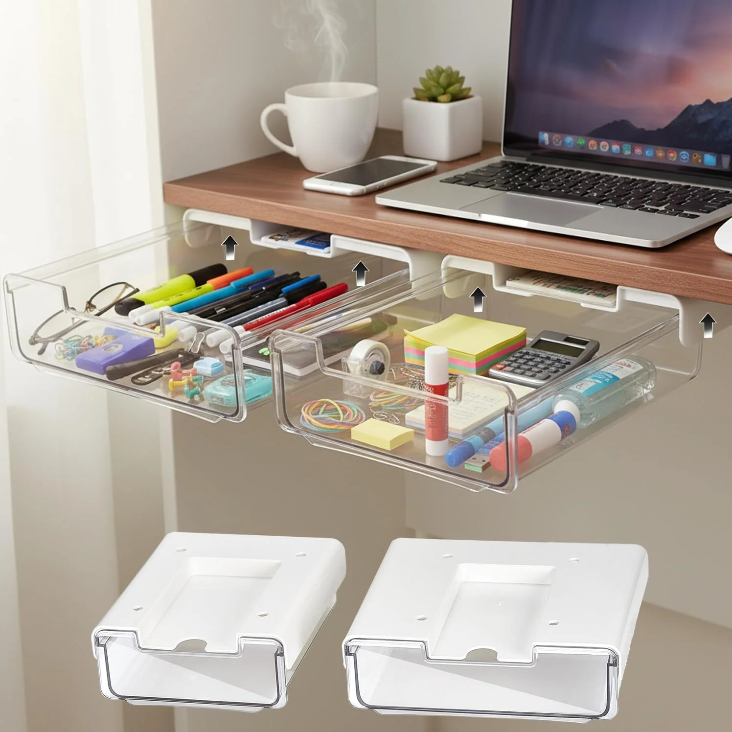 2 Pack Under Desk Hanging Drawer Slide Pull Out, Attachable Clear Acrylic Storag