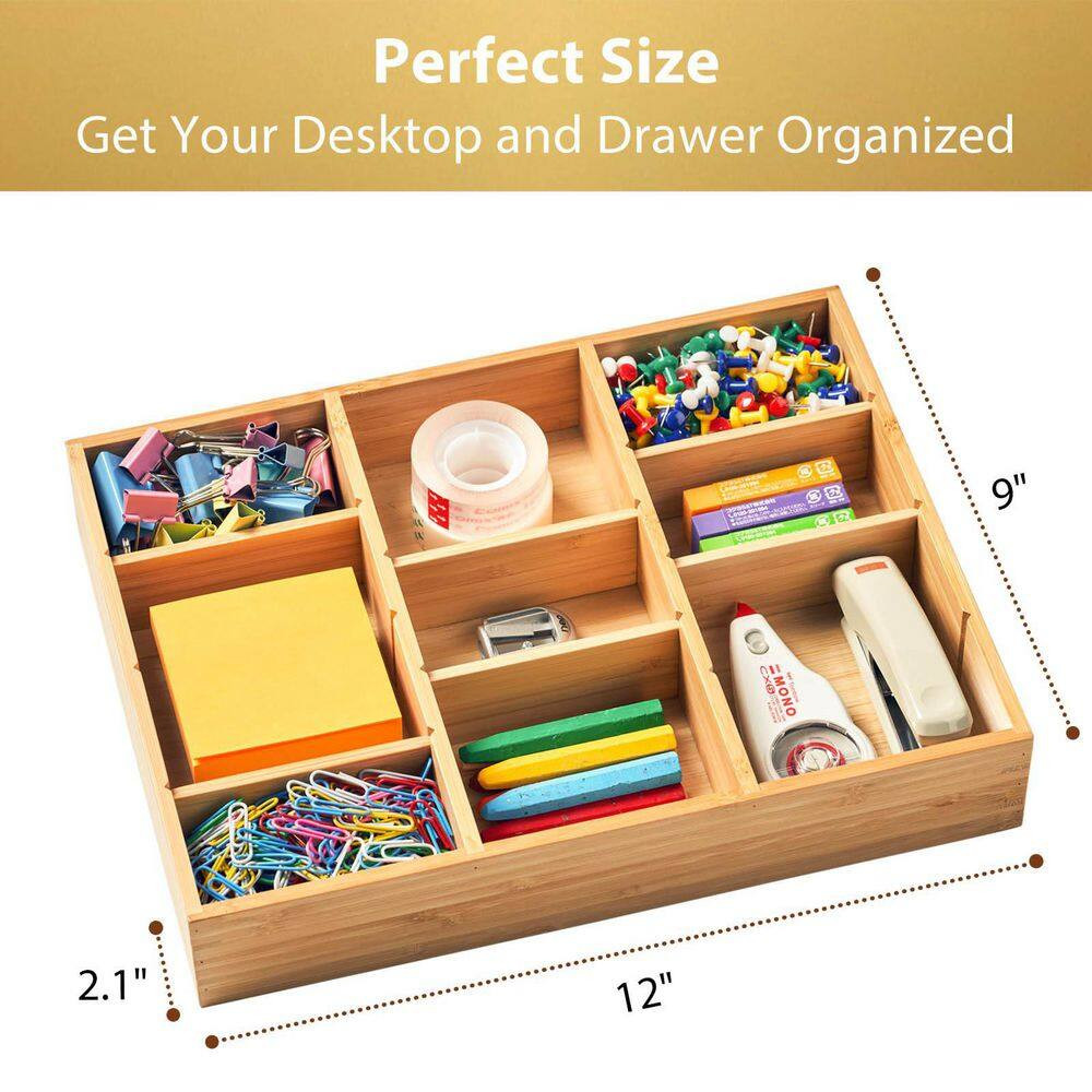 Natural Bamboo Desk Drawer Organizer with Adjustable Compartments, Office Storag