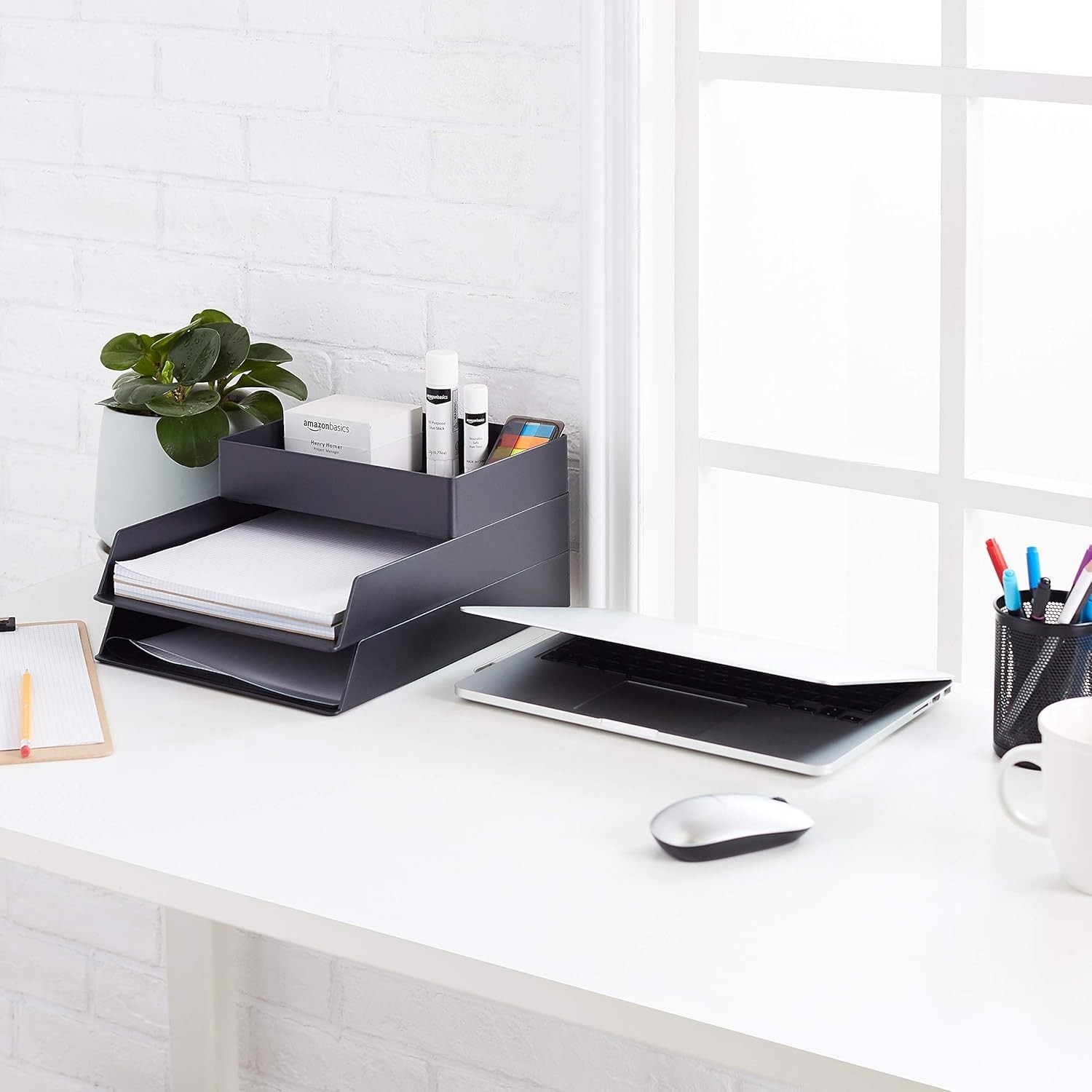 Basics Plastic Desk Organizer Accessory Tray 9.4×6.7×2 Inches Black New