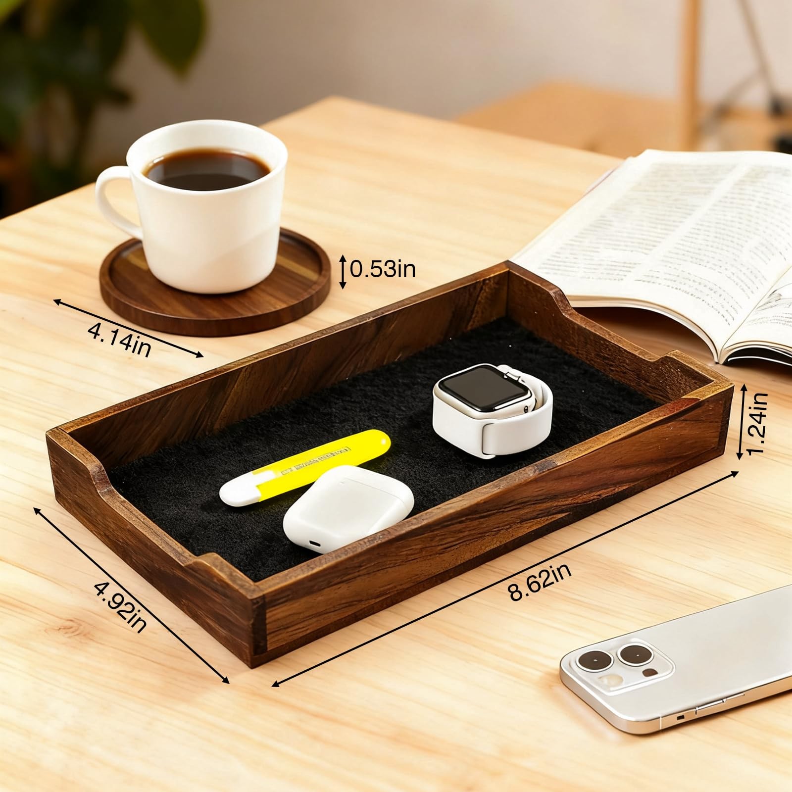 Walnut Desk Tray with Cup Coaster Set Felt Lined Wooden Desk Organizer Set