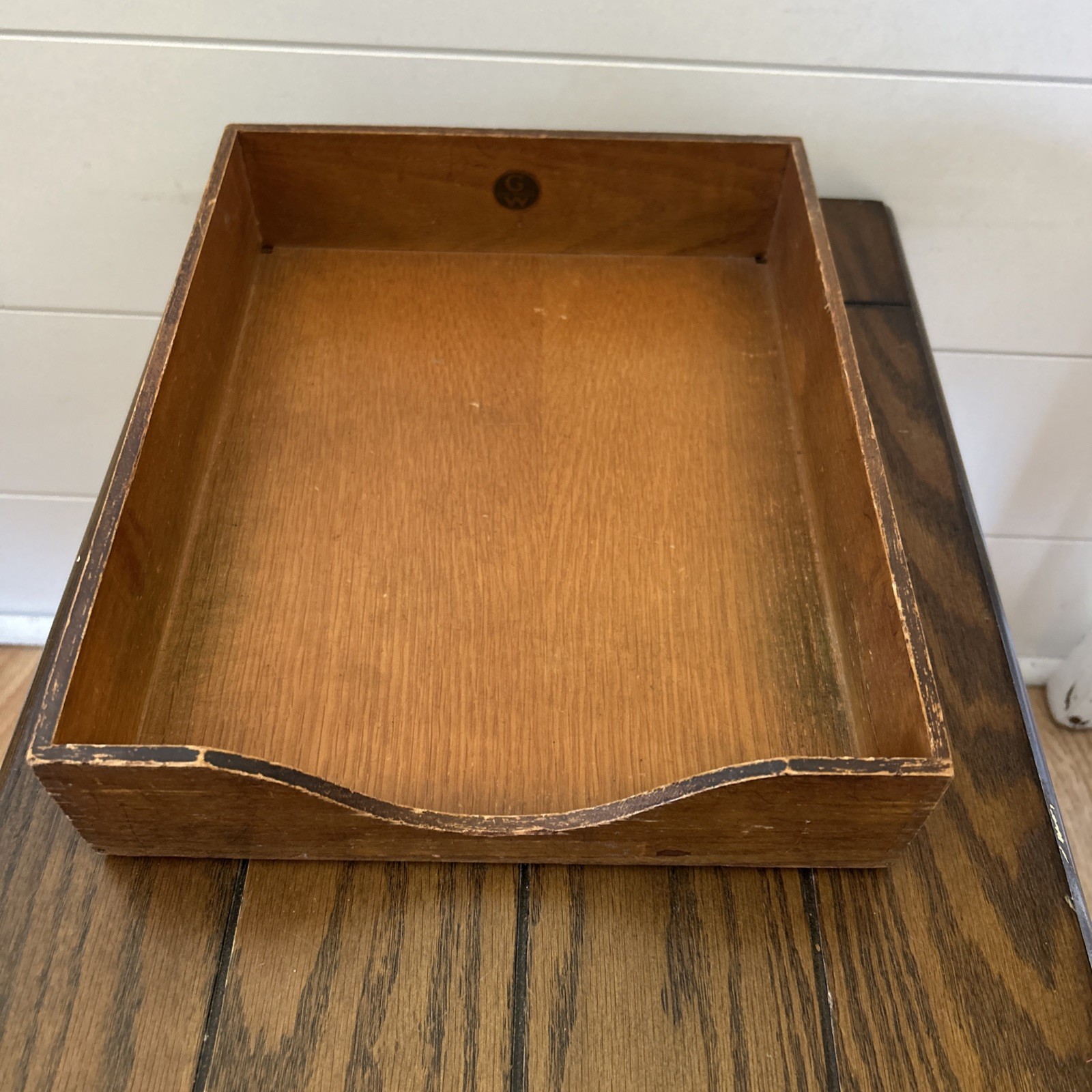 Vtg Wood Tray Desk Top In Out Letter Box Dovetail Paper Office Mail File 10″X12″
