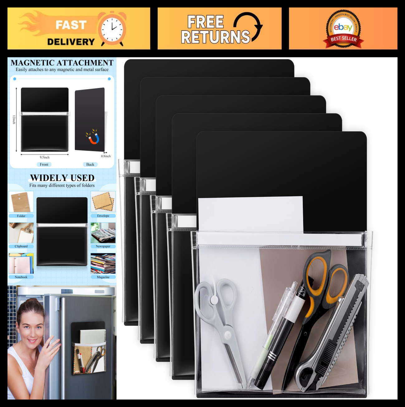 5 Pcs Magnetic File Holder & Pen Organizer for Whiteboard & Fridge, 12×9.5 in
