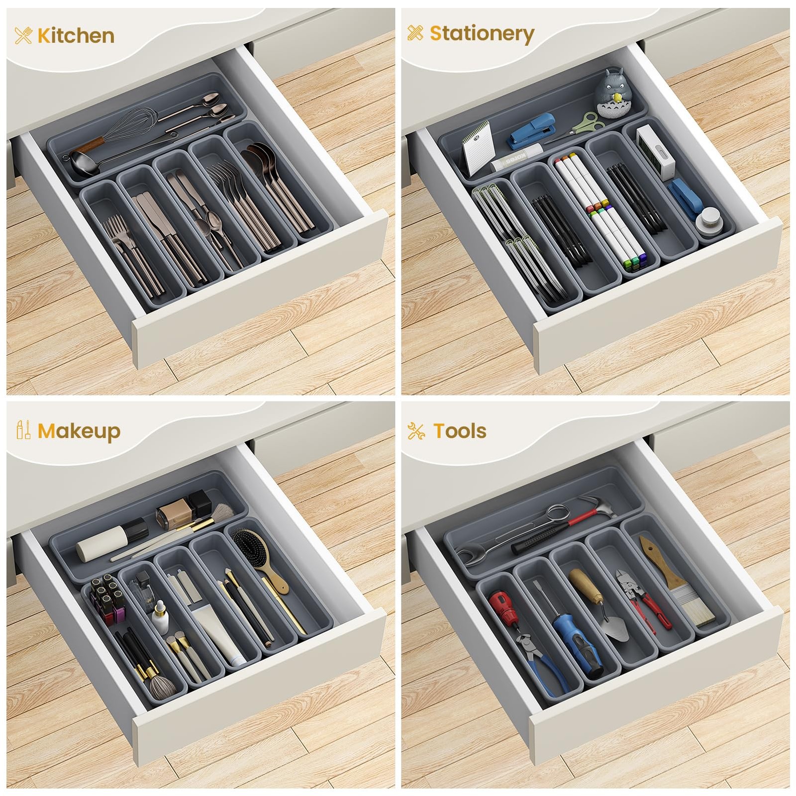 K KORKUAN 6 Pack Silicone Drawer Organizer for Kitchen, DIY Free 6 Pack, Grey