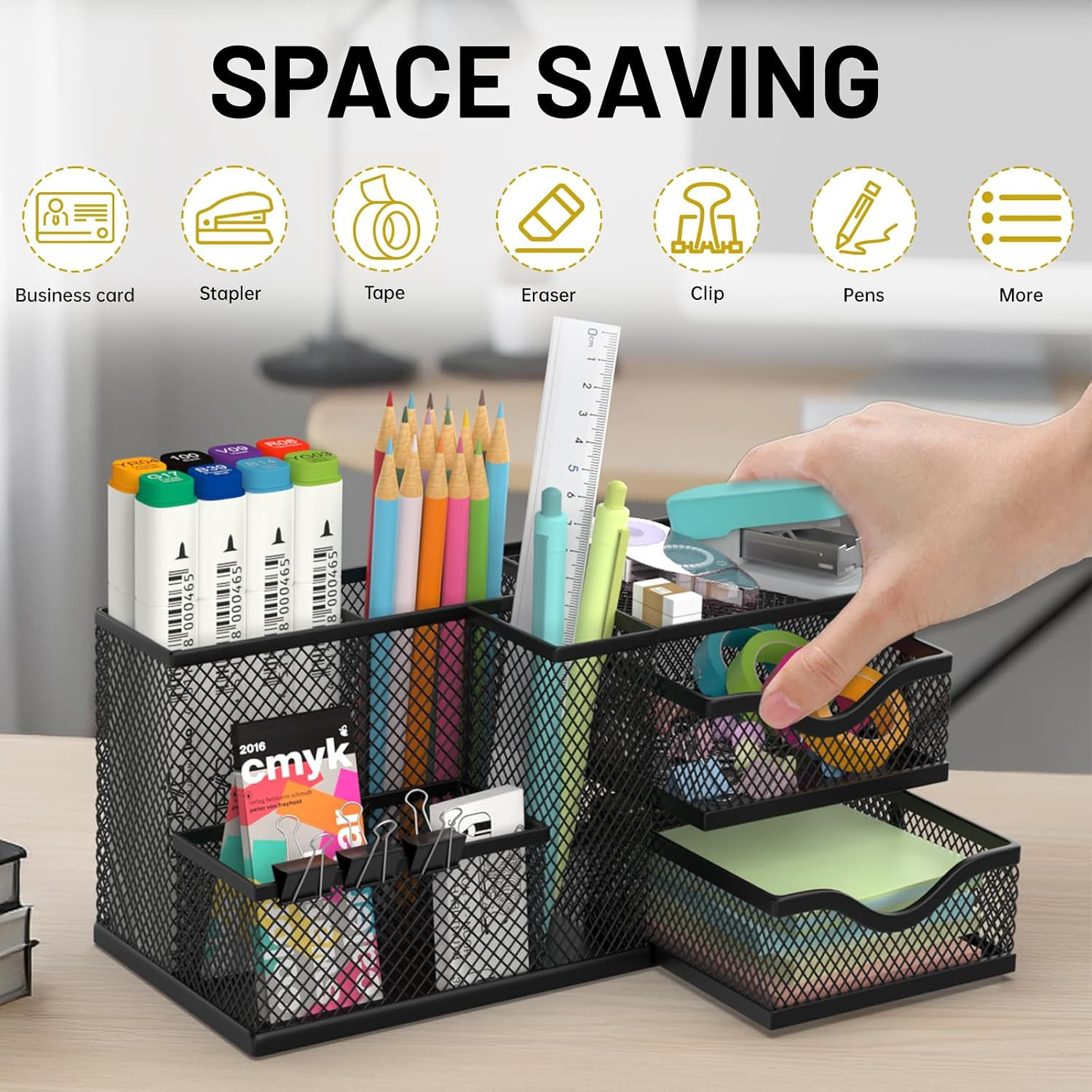 Mesh Desk Organizer, Pen Organizer with 2 Drawers and 5 Compartments, Versatile