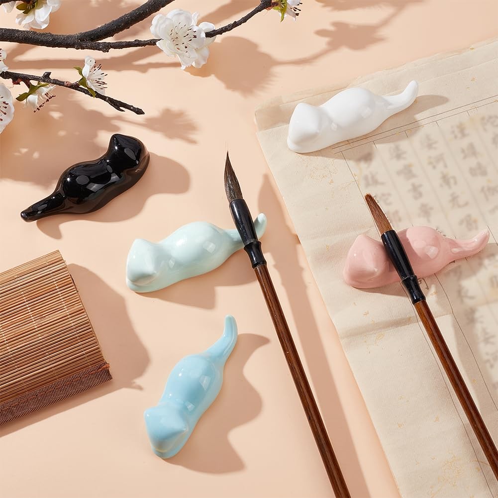 5pcs Chinese Calligraphy Brushes Rest Stand 5 Colors Ceramics Cat Shape Brush…