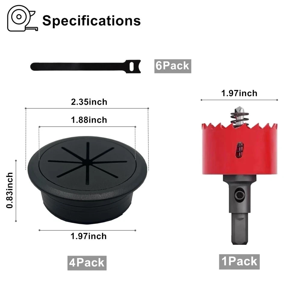 4 Pack Desk Grommet 2 Inch (50 Mm), Desk Hole Cover for Cables, Black Desk Cord