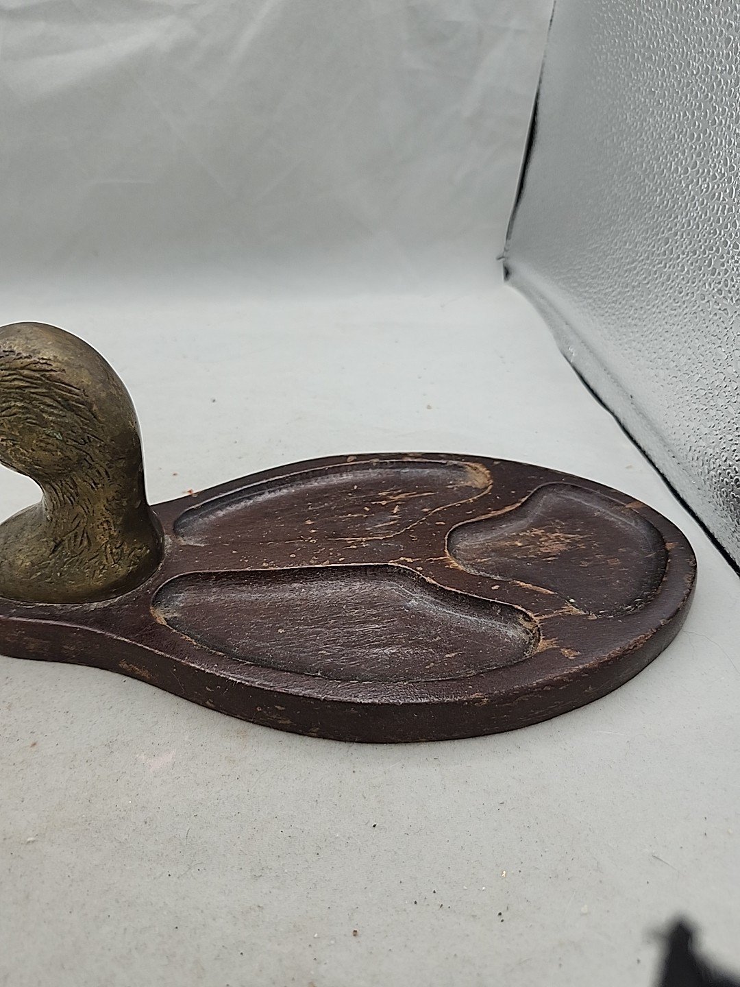 Price Products Wood Brass Duck Head Divided Tray Desk Organizer 1982 Vintage