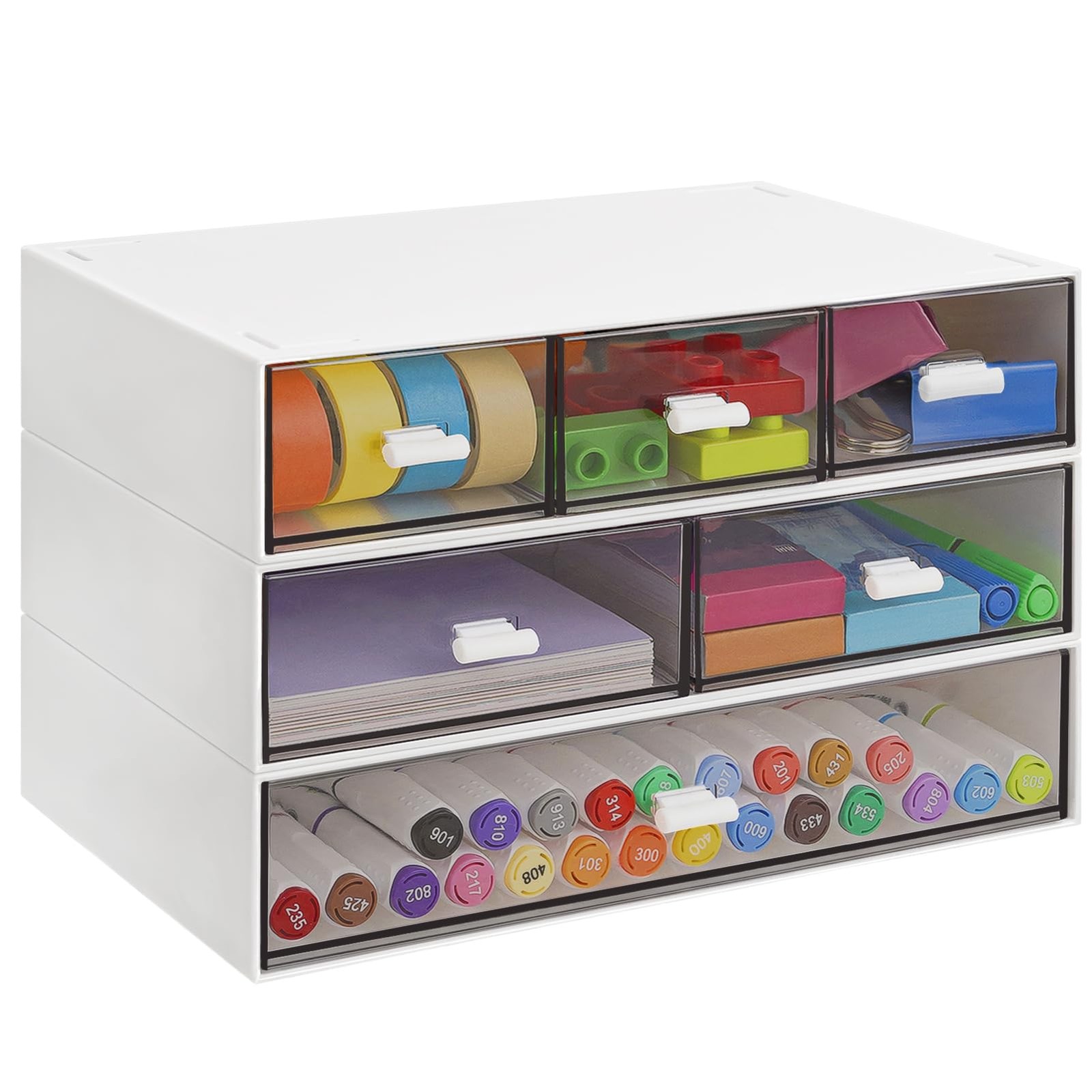 3 Tier Stackable Desk Organizer with 6 Drawers, Plastic Desktop Storage Box D…