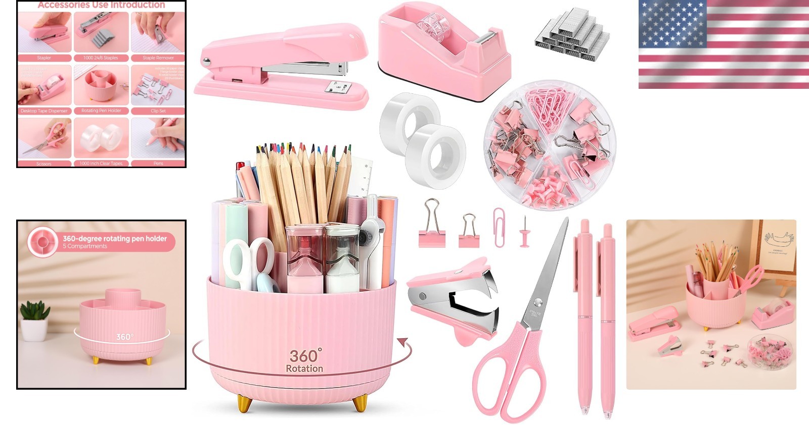 Chic Pink Desk Accessories: Complete 10-Piece Stationery Set for Home/Office