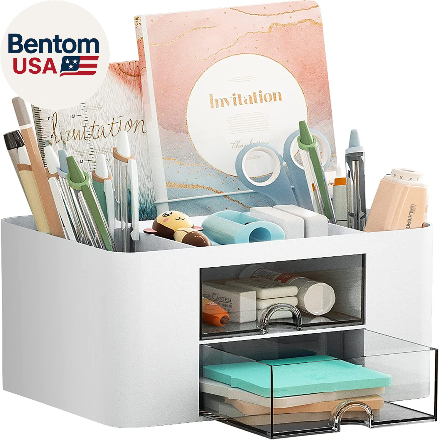 Pen Organizer with 2 Drawer, Multi-Functional Pencil Holder for Desk, Desk Organ