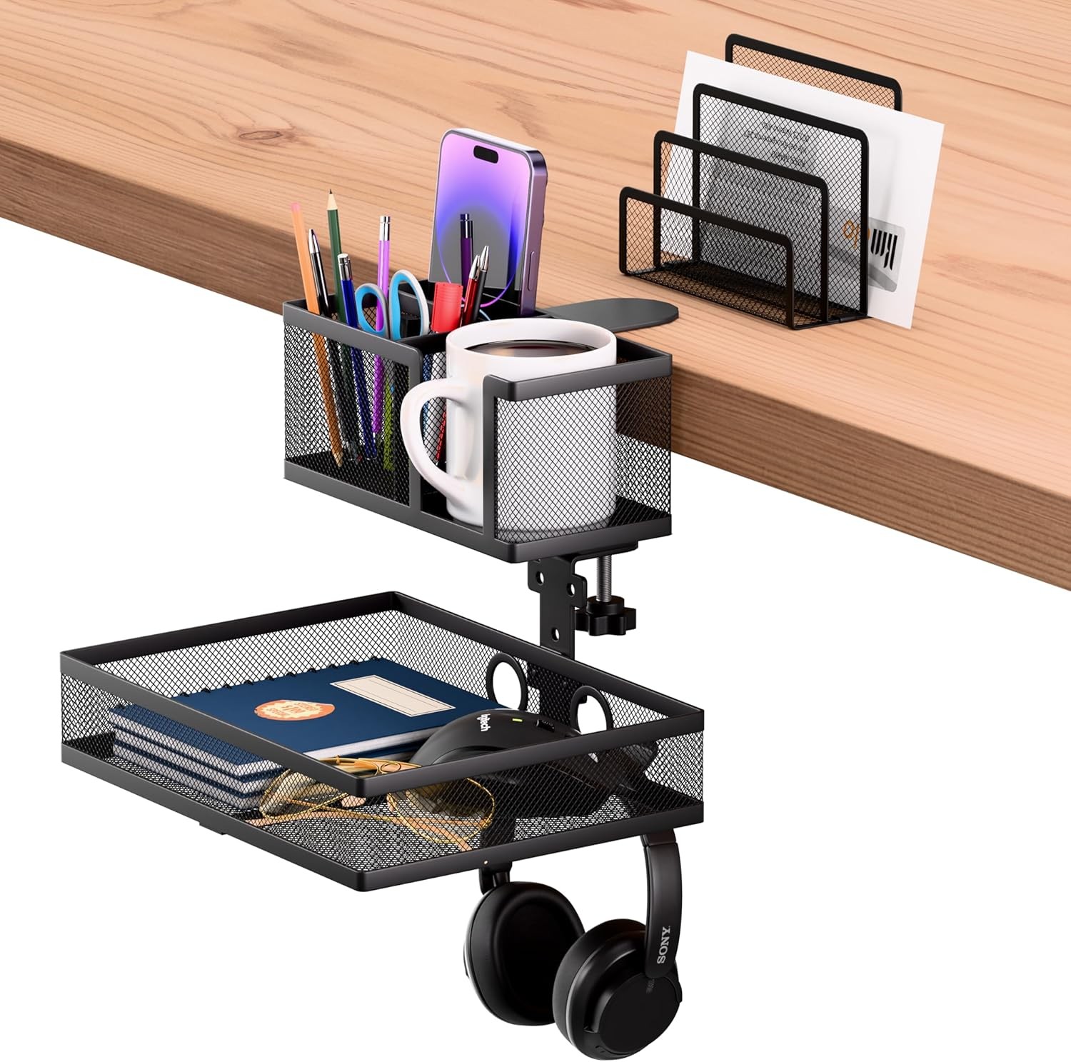 6-in-1 Clamp On Desk Organizer with Cup Holder & 360° Rotating Under Desk Dra…
