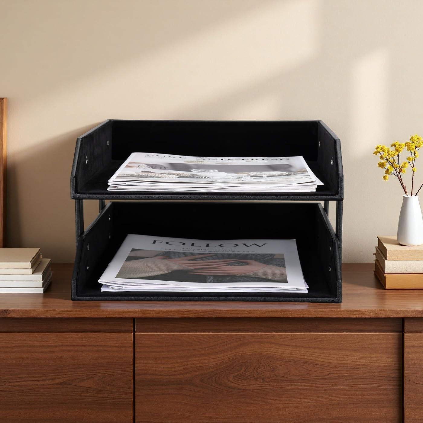 Letter Tray, Leather Paper Organizer Tray, Wooden Desk File Holder, Desktop File
