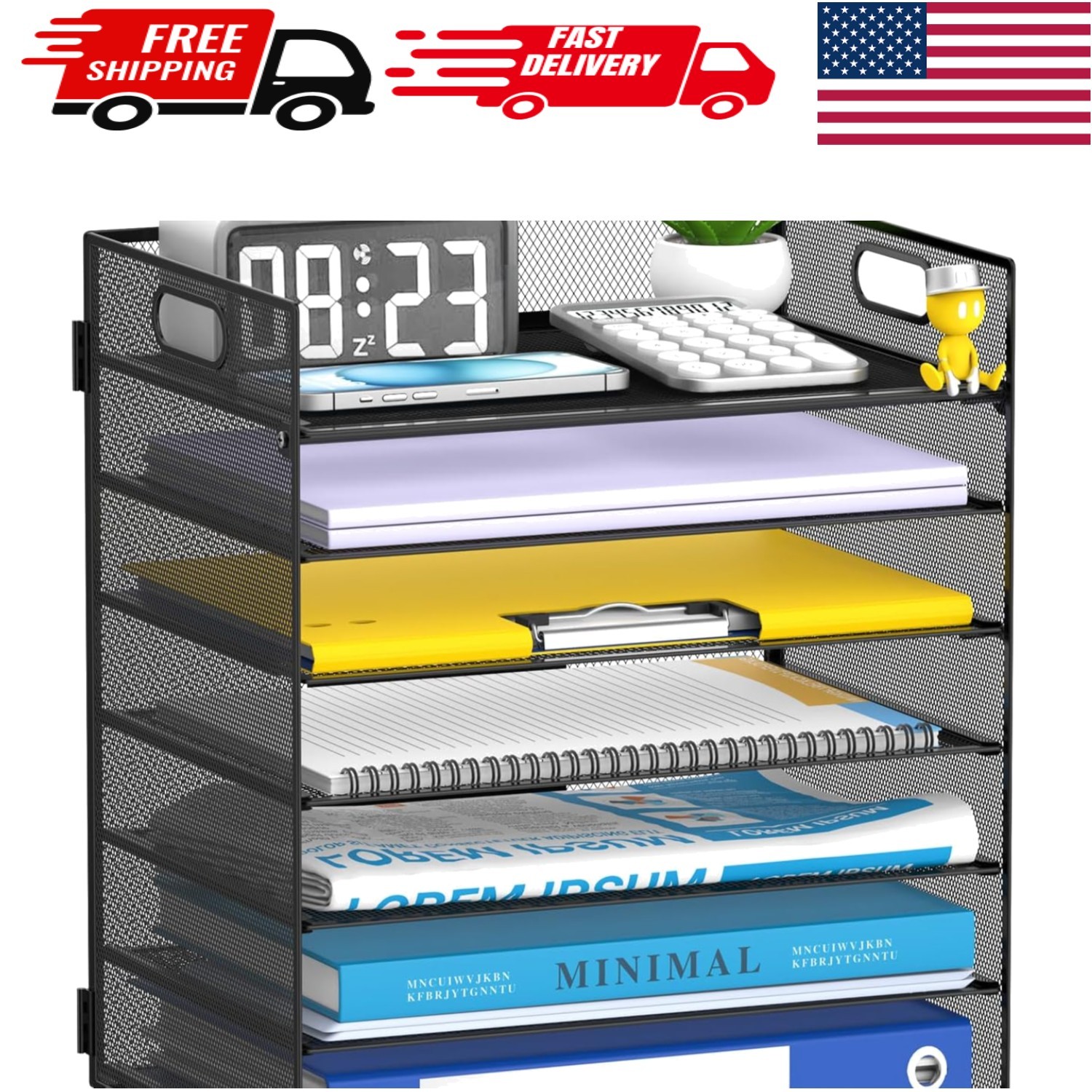 7 Tier Desk Organizer: Letter Tray, Pen Holder & Metal Basket, Black