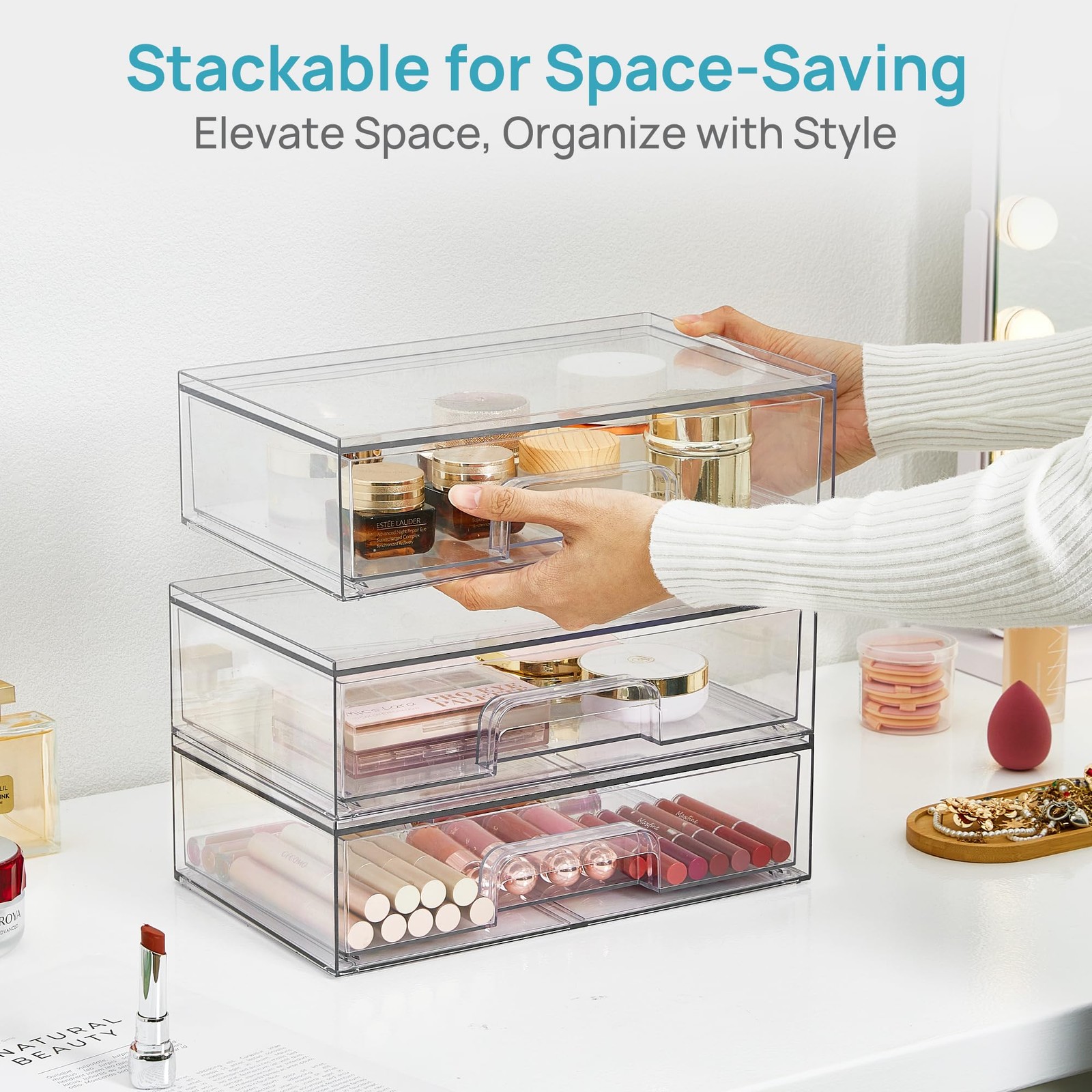 Vtopmart 12.1”W Clear Stackable Storage 7.5″D x 12.1″W x 3.5″H, clear