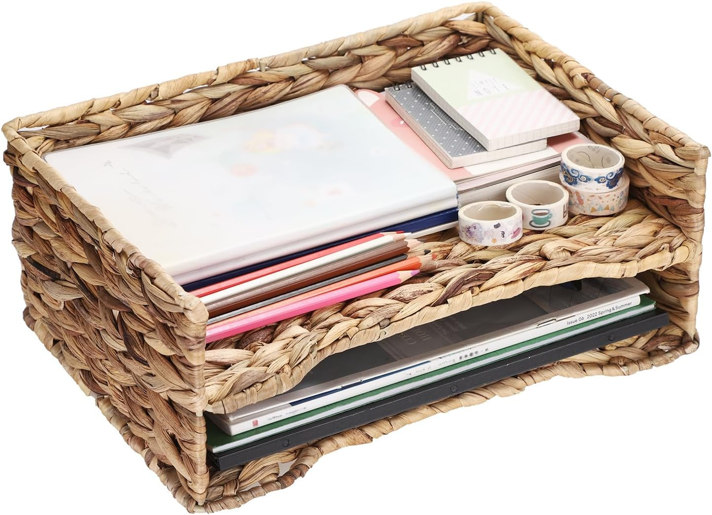 2 Tier Water Hyacinth Letter File Storage Basket, Woven Paper Organizer A4 File