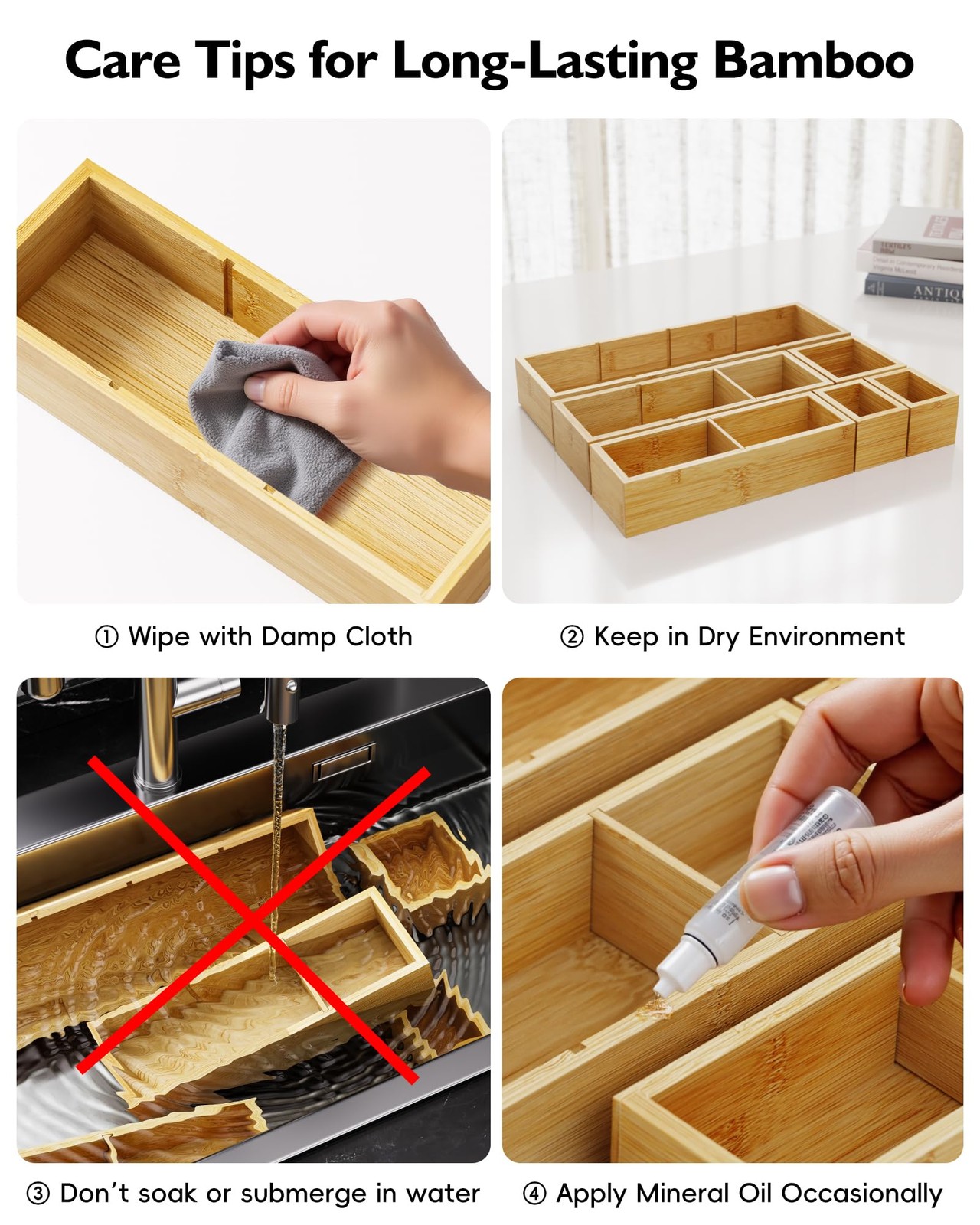 VA1KENE Bamboo Drawer Organizer Set, 6 PCS Desk 12 Compartments,