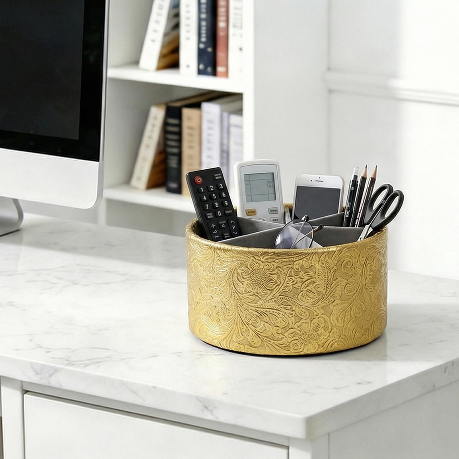 Remote Control Holder, 360°Spinning PU Leather Desk TV Remote Caddy,Desk Stor…