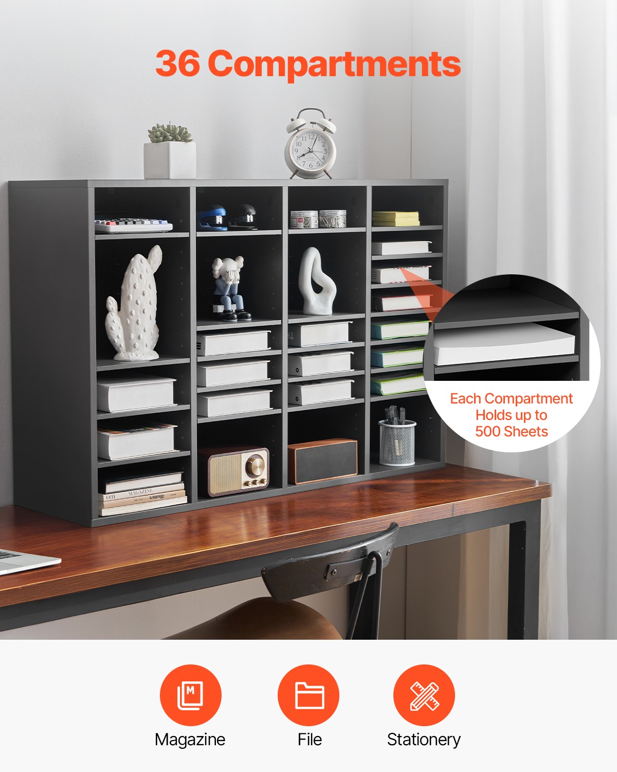 VEVOR Wooden Literature Organizer 36 Compartments with Adjustable Shelves Grey
