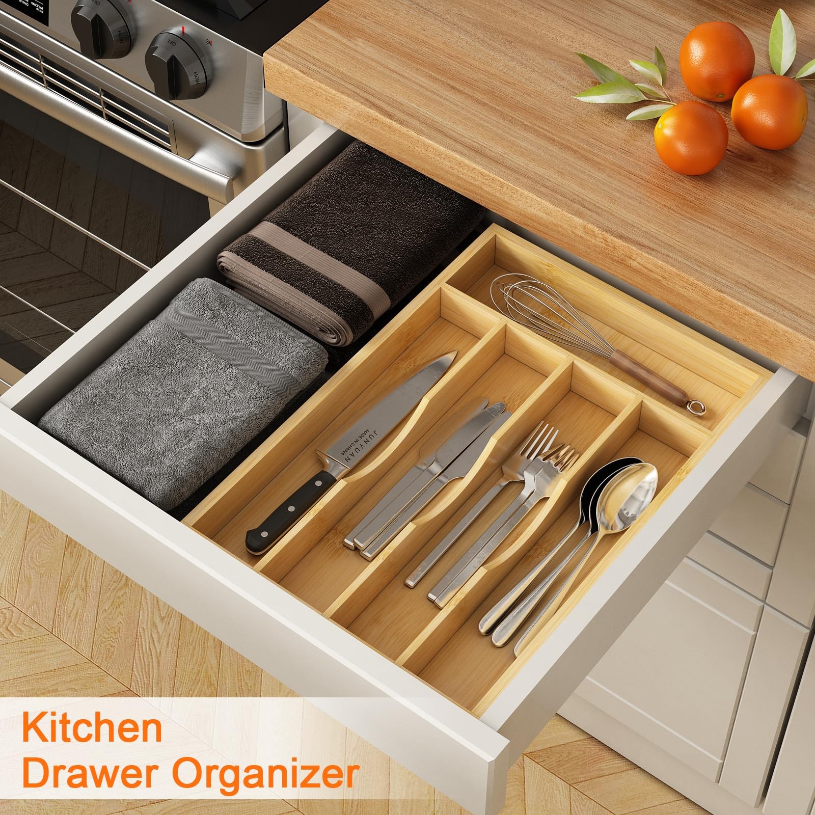 Youpehom Bamboo Utensil Organizer for Kitchen Drawers, 5 Slots, bamboo