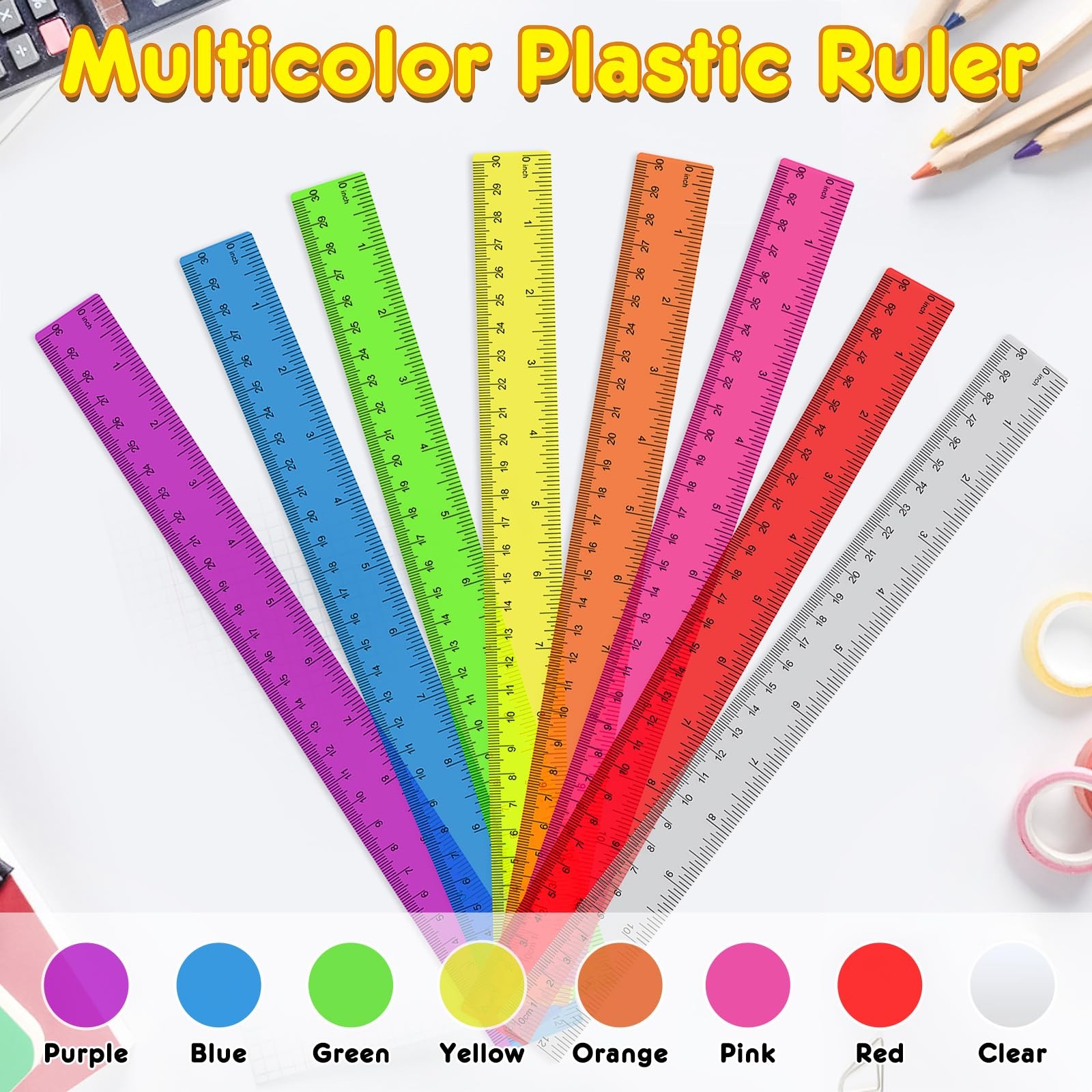 32 Pcs Clear Plastic Ruler 12 Inch, Rulers Bulk for Classroom, Multicolor