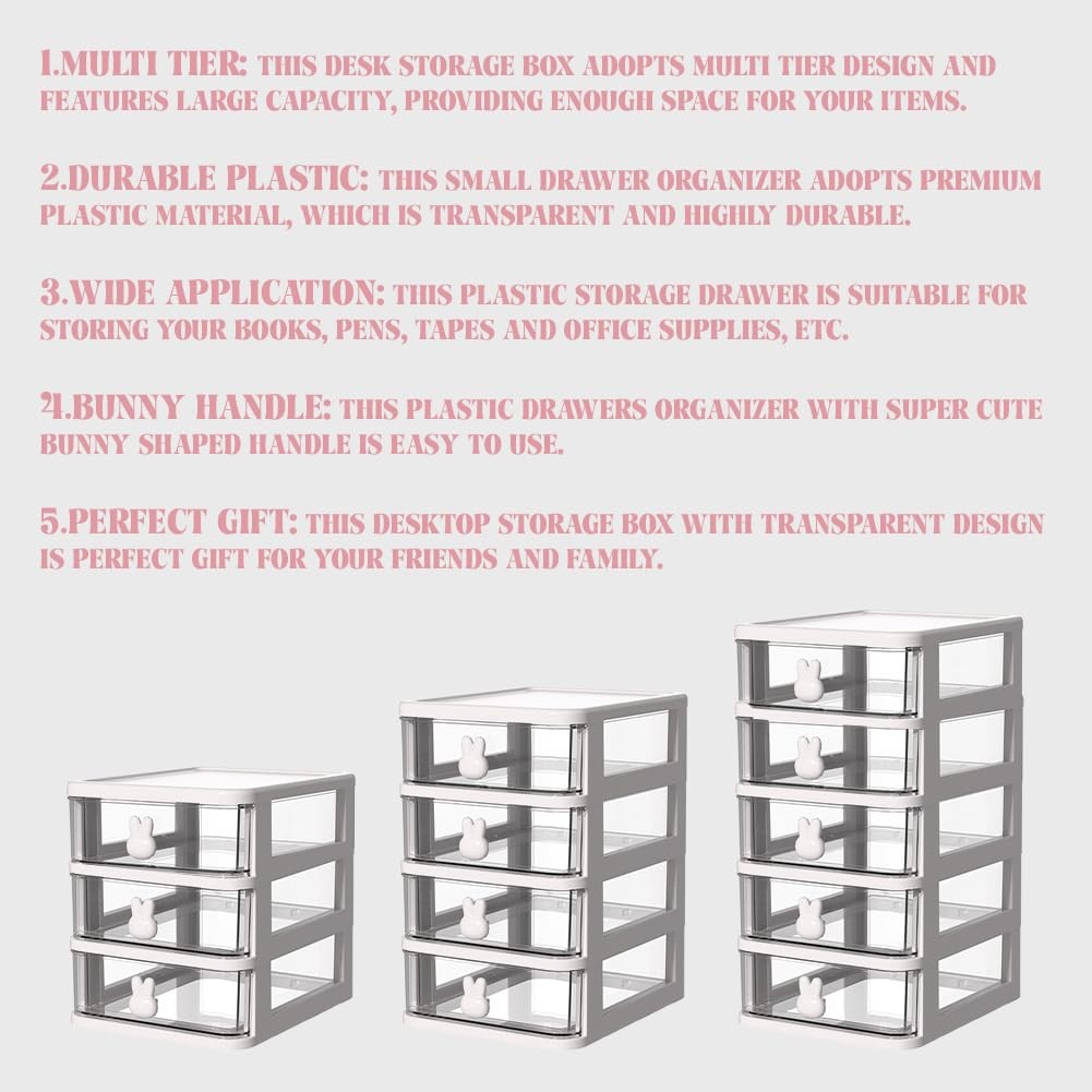 Glomora 5-Tier Desk Storage Box, Transparent Plastic Organizer #414, White