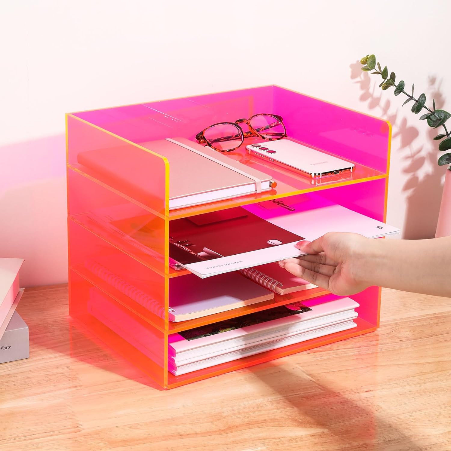 Acrylic File Organizer for Desk 4 Tiered Stackable Letter Tray Office Paper Stor