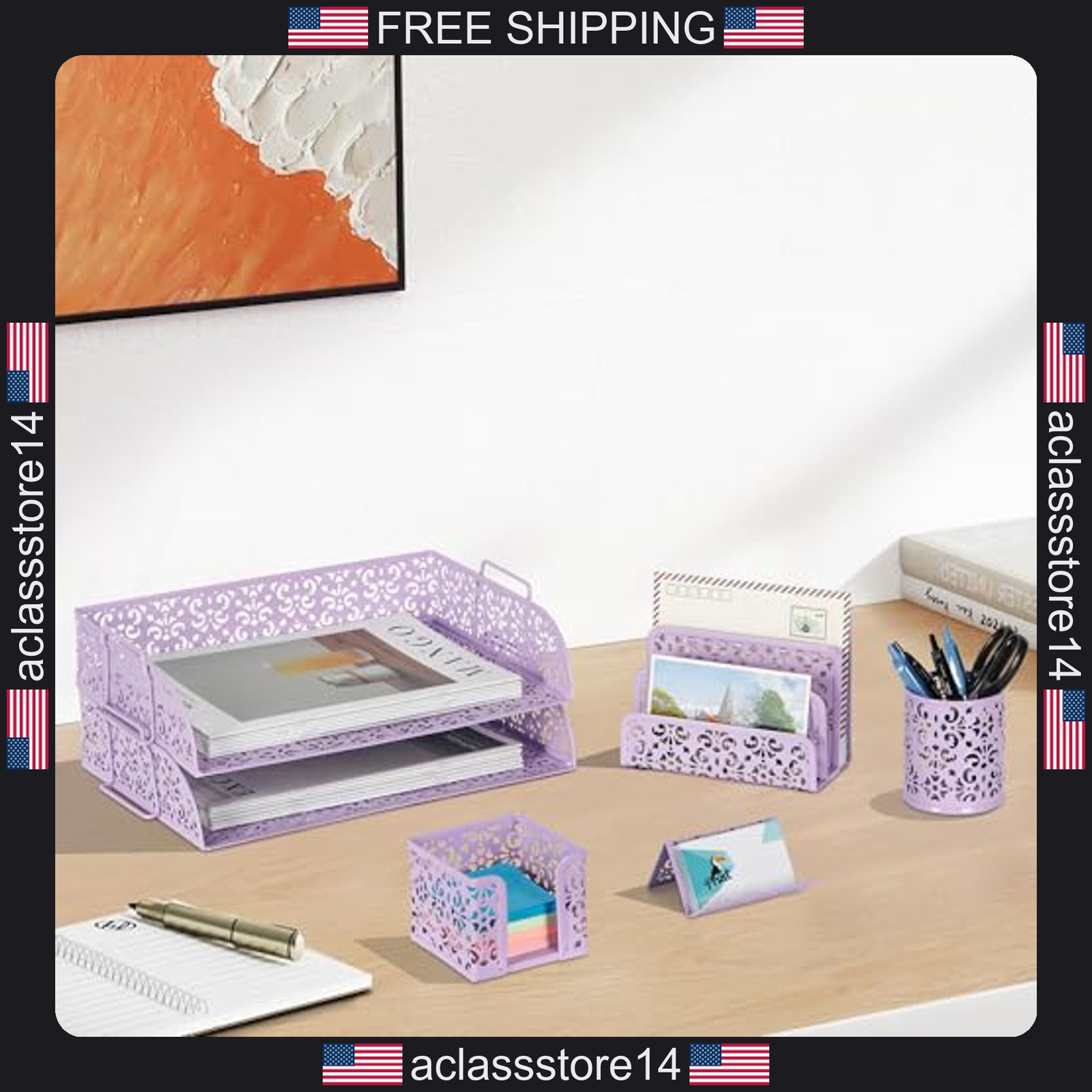 EasyPAG desk organizer set 5 pieces paper tray pencil holder mail sorter purple